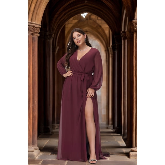 Puffy Long Sleeve Chiffon Bridesmaid Maxi Gown, V-Neck Open Back Pleated A-Line Formal Evening Dress with Side Slit