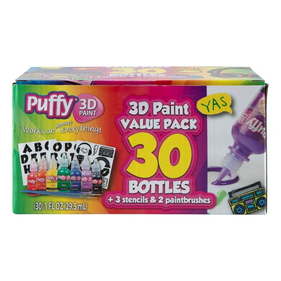 Puffy Paint Big Pack, 30 Bottles of 3D Paint in 1 fl oz Easy Squeeze Bottles, with Stencils and Brushes, Multicolor Acrylic Paint