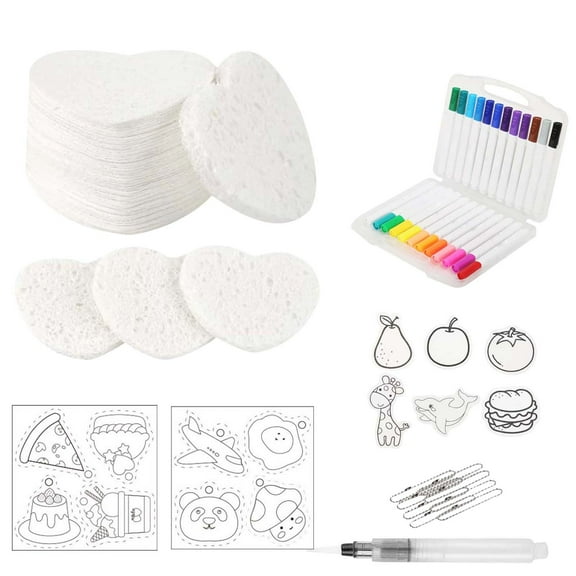 Puffy Drawing Canvas Sponge Art Kit | 10ml Foam Texture Paper | 10 Sheets, 3 Sticker Line Drawings, 12 Color Markers, Watercolor Pen, 8 Bead Chains | DIY Kids Crafts Set