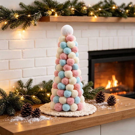 Puffy Pom Pom Christmas Tree Decoration, Tabletop Centerpiece for Holiday Party, Winter Home Decor for Living Room Mantel