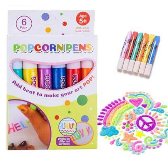 Puffy Popcorn 3D Drawing Pens Set | DIY Craft Art Markers for Kids & Adults | Heat-Activated Textured Paint | 6 Safe Non-Toxic Colors | Cardmaking, Glass, Plastic, Paper | 10ml Each