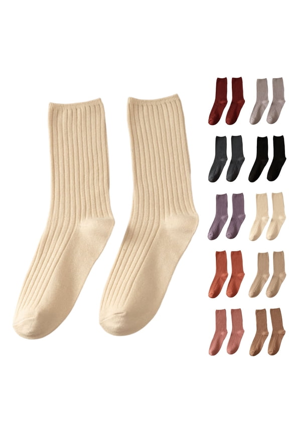 Puffy Socks Women's New Style Women's Double Needle Socks Mid Calf Socks Solid Color Japanese Korean Retro Trend Socks Beige One Size