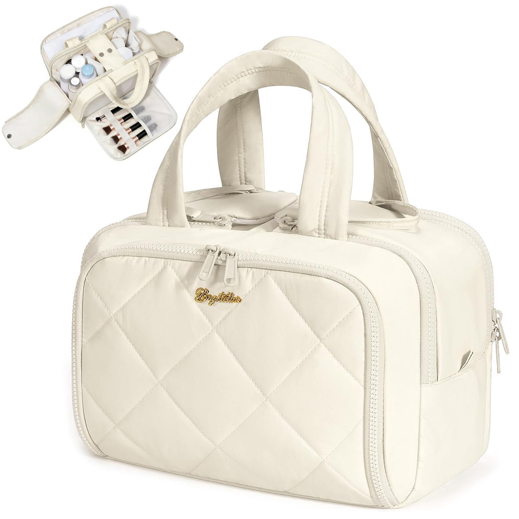 Puffy Travel Toiletry Bag for Women, Wide-Open Cosmetic Makeup Bag Organizer with Handle, Lightweight Quilted Travel Bag for Accessories, Essentials, Toiletries, Beige