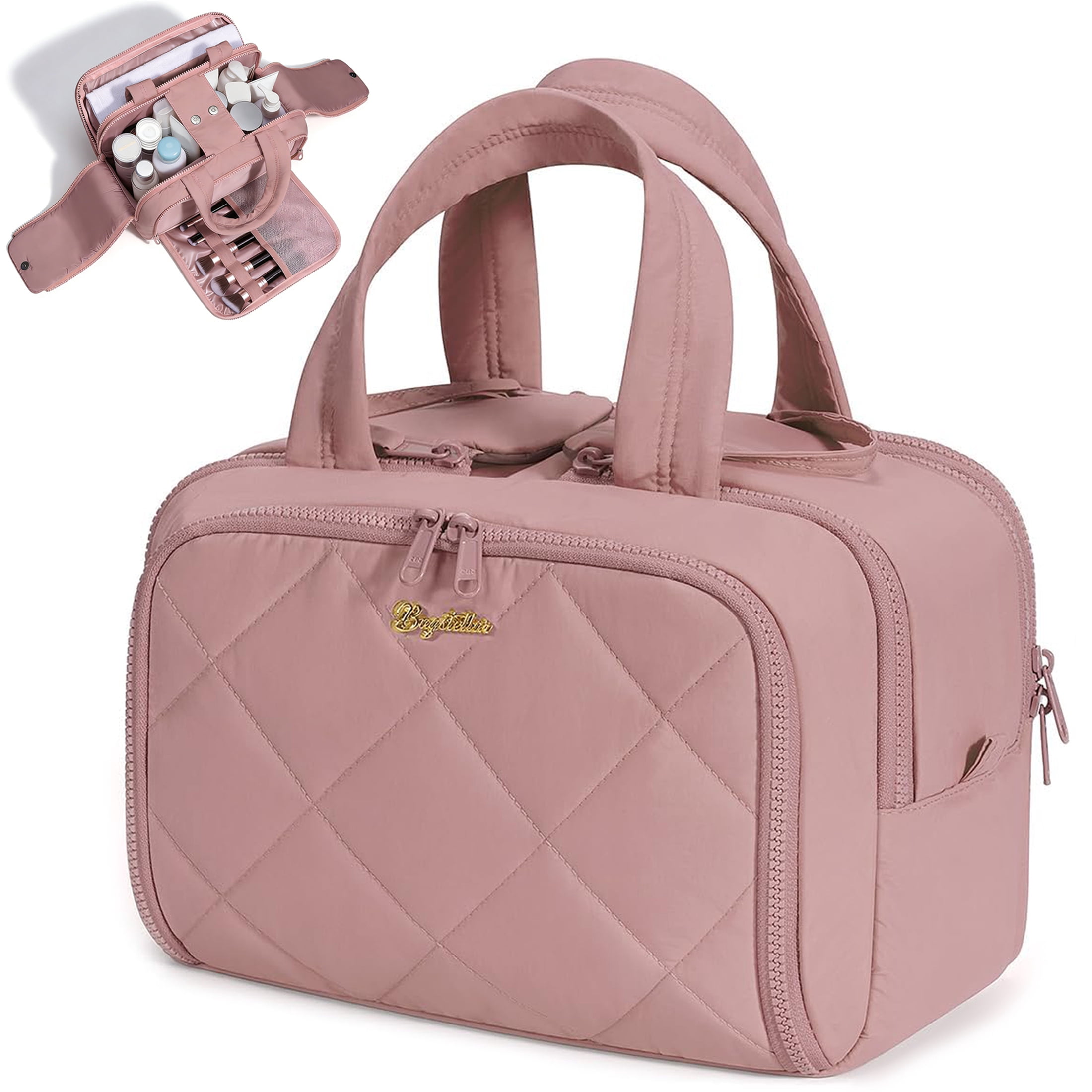 Puffy Travel Toiletry Bag for Women, Wide-Open Cosmetic Makeup Bag Organizer with Handle, Lightweight Quilted Travel Bag for Accessories, Essentials, Toiletries, Dark Pink
