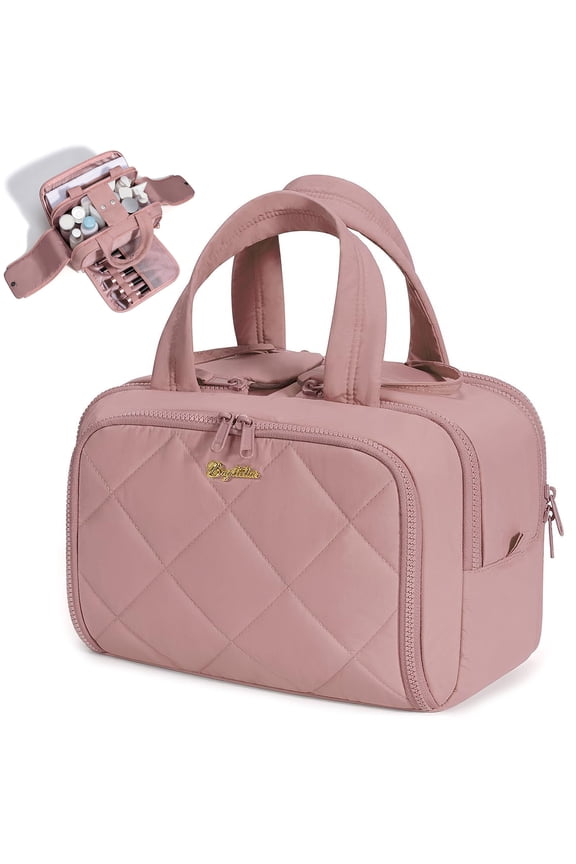 Puffy Travel Toiletry Bag for Women, Wide-Open Cosmetic Makeup Bag Organizer with Handle, Lightweight Quilted Travel Bag for Accessories, Essentials, Toiletries, Dark Pink