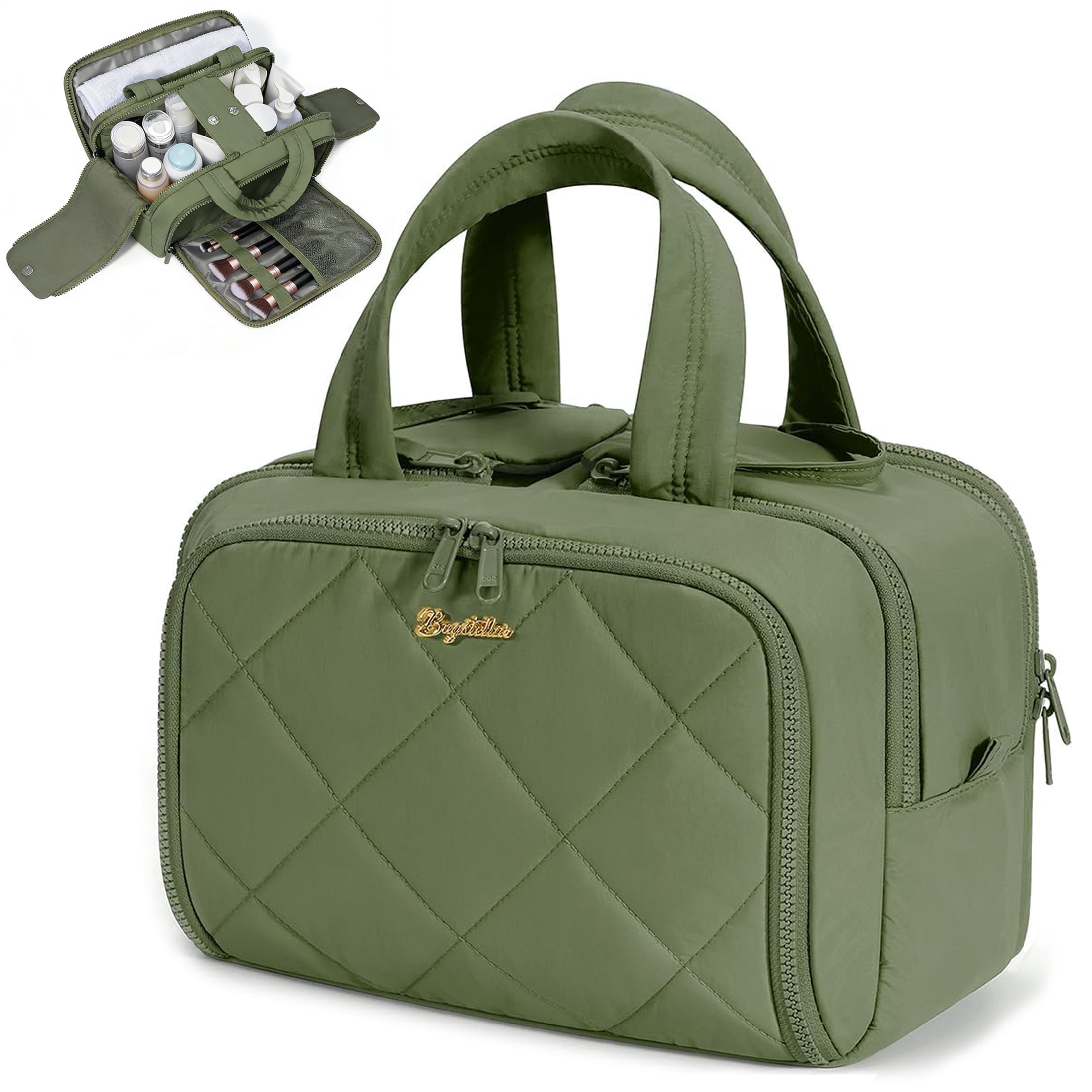 Puffy Travel Toiletry Bag for Women, Wide-Open Cosmetic Makeup Bag Organizer with Handle, Lightweight Quilted Travel Bag for Accessories, Essentials, Toiletries, Green
