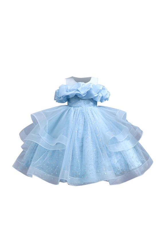 Puffy Tulle Flower Girl Dresses for Wedding Sequins Off Shoulder Pageant Dress Ruffle Birthday Party Gown for 5-11 Years