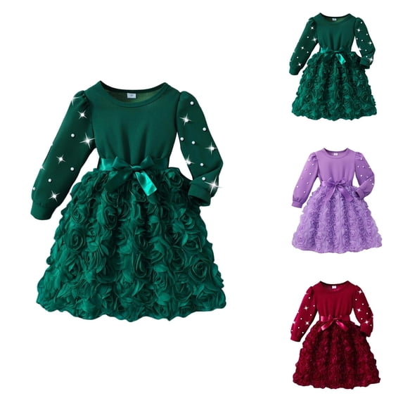 Puffy Tulle Long Sleeve 3D Floral Pearl A Line Lace Applique Girls Long Sleeve Dress, Elegant Solid Color Flower Girl Party Gown for Toddler and Kids First Communion Pageant Princess Dress