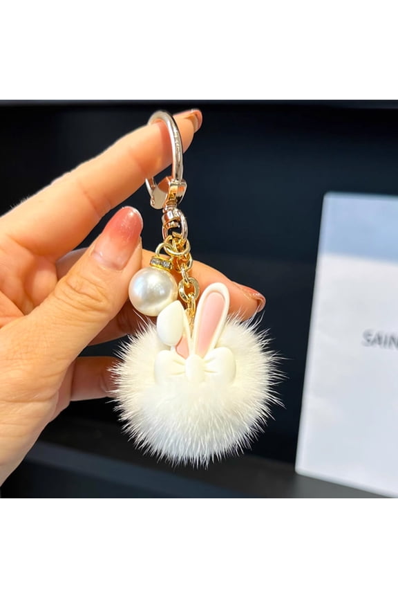 Puffy White Bunny Keychain - Soft Stuffed Animal Car Pendant - Cute Bag Accessory - Girls Gift Idea - Portable Keychain