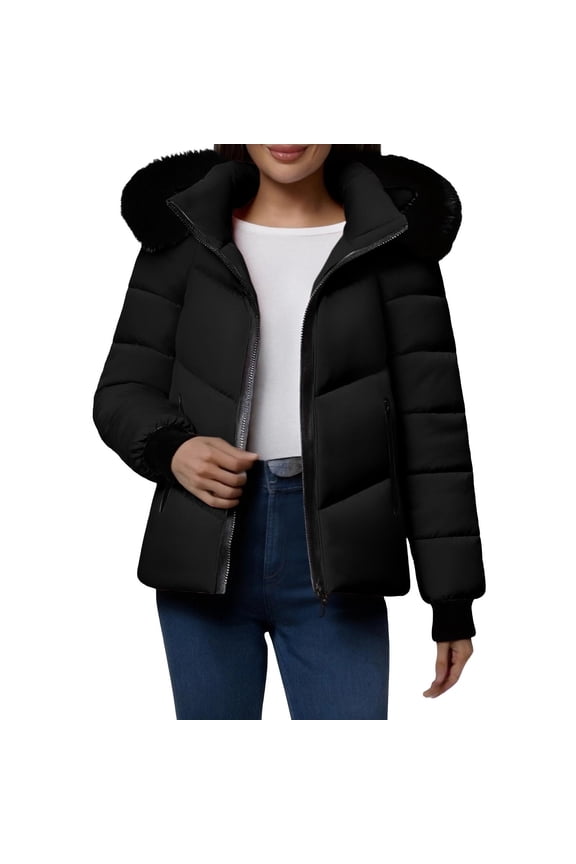 Puffy Winter Coat for Women Detachable Faux Fur Hood Water-Resistant Ski Snow Jacket Full Zip Thick Warm Outerwear (XL, Black)