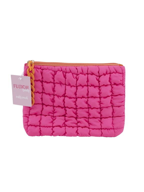 Puffy Zip Cosmetic Pouch 9" Wide. Quilted Bright Pink Pouch with Bright Orange Zipper.