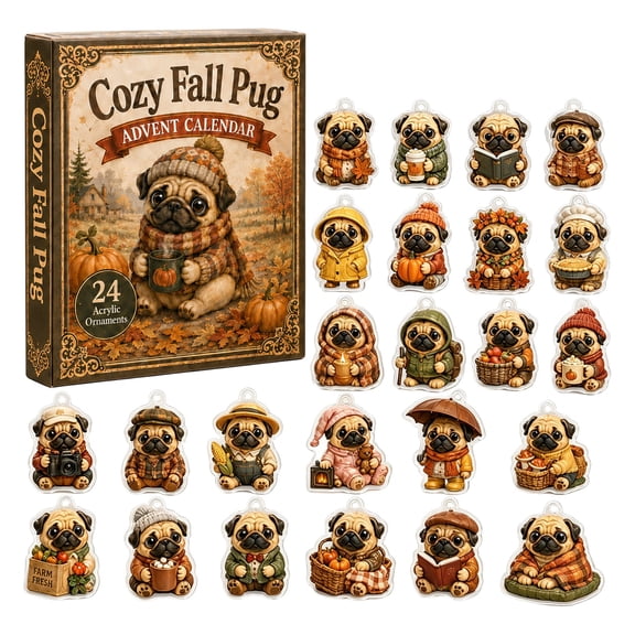 Pug Advent Calendar 2026, 24 Days Cozy Fall Acrylic Ornaments Autumn Dog Countdown, Pumpkin Season Hanging Decor Tree Home, Unique Gift for Pug