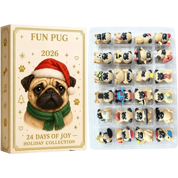 Pug Advent Calendar, 24 Days 3D Dog Figurine Holiday Countdown Calendar