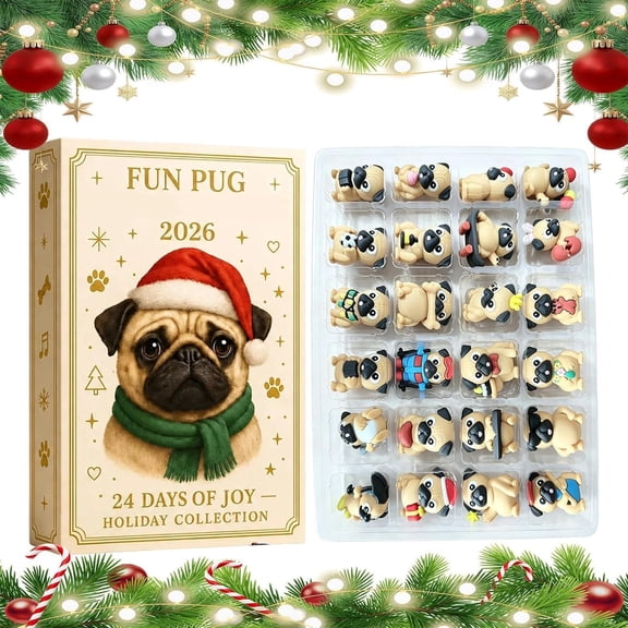 Pug Advent Calendar, 24 Days 3D Dog Figurine Holiday Countdown