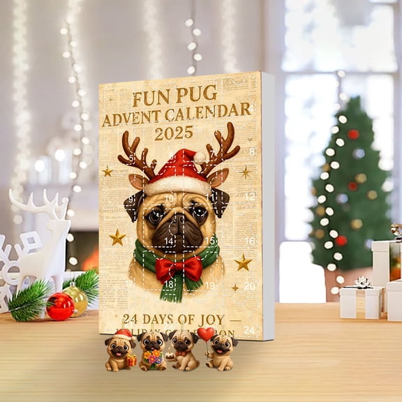Pug Advent Calendar, 24 Days Christmas Countdown Calendar with 24 Pcs 2D Cute Pugs Decorative Pendants, Christmas Holiday Gift
