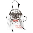thumbnail image 1 of Pug Apron Portrait of Dog Cartoon Style Bow Tie on a Pug Pet Fun Comedic Image Fashionable Animal, Unisex Kitchen Bib Apron with Adjustable Neck for Cooking Baking Gardening, Black Red, by Ambesonne, 1 of 3