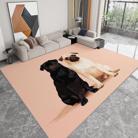 Pug Area Rugs, Animal Pug Portrait Carpet, Washable Non Slip Low Pile Soft Rug for Living Room Bedroom Dining Room Decor Mat 5x8ft