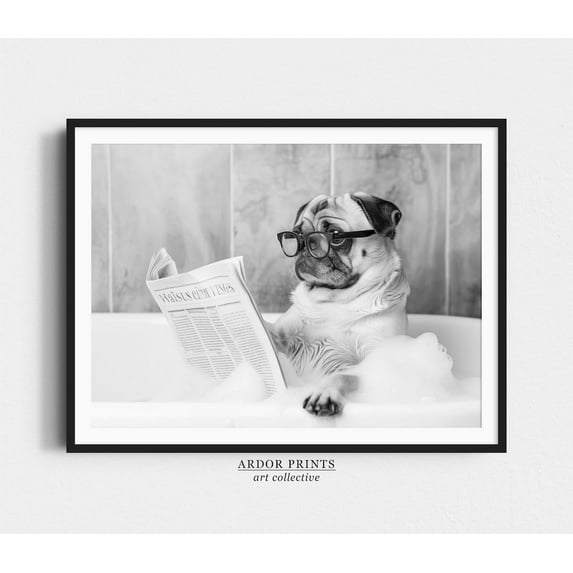 Pug In Bathtub Wall Art, Dog Reading Newspaper In Bubble Bath Poster, Black And White Print, Funny Wall Art, Bathroom Wall Decor Decor For Living Room Bedroom, 12x18 UNFRAMED