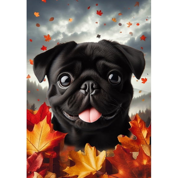 Pug Black - Best of Breed Fall Leaves Outdoor House Flag 28" x 40" Mailbox Flag Dog Flag