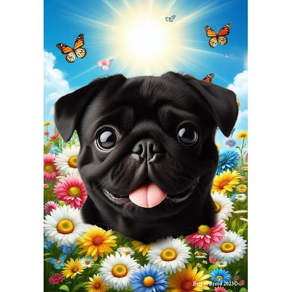 Pug Black - Best of Breed Summer Butterflies Outdoor House Flag 28" x 40" Mailbox Flag Dog Flag