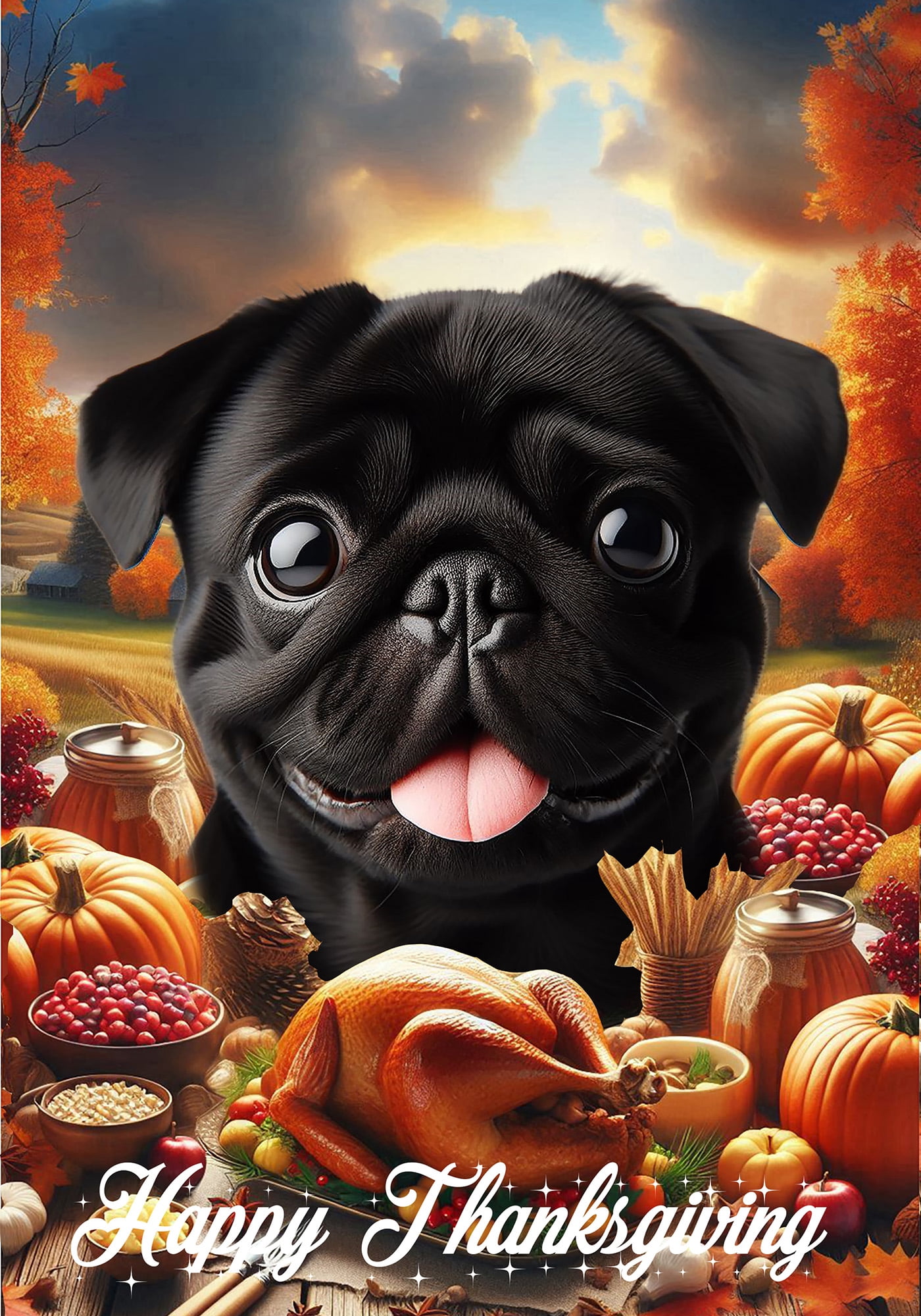 Pug Black - Best of Breed Thanksgiving Outdoor House Flag 28" x 40" Mailbox Flag Dog Flag