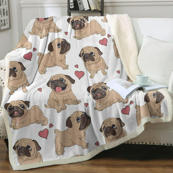 Pug Blanket Twin Pug Dog Print Blanket Soft Fleece Puppy Blanket for Kids Adults Women Girls Cute Pug Heart Sherpa Blanket for Couch Travel Office (Twin Size 60"x 80")