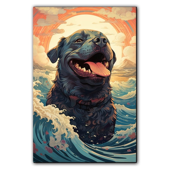 Pug Canvas Wall Art Framed Great Wave Oil Painting Stretched and Framed Artsy Romantic Wall Paintings Girlfriend gift for Living Room Bedroom Bathroom Office Wall Décor