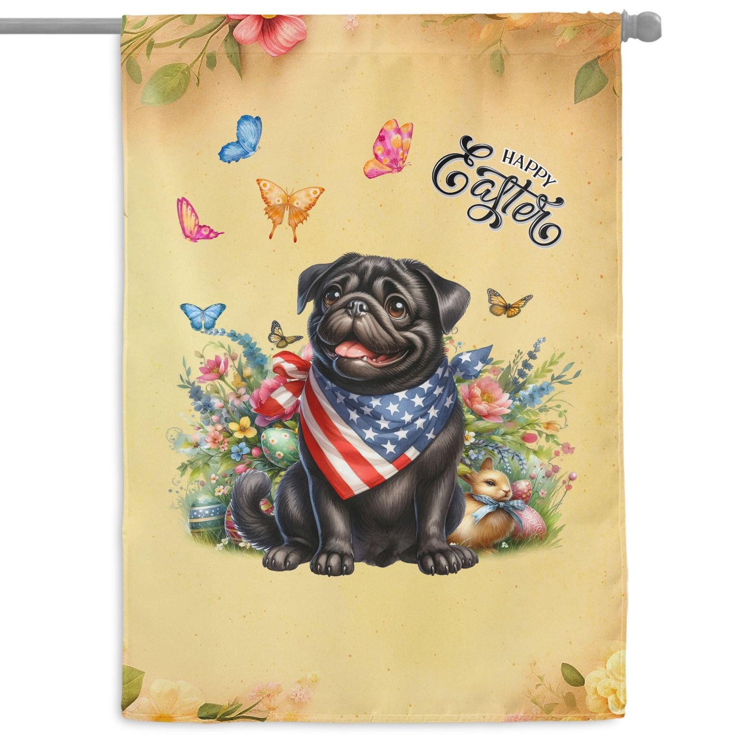 Pug Celebrates Spring and Enjoys a Happy Easter House Flag 28x40in Double Sided Dog Lover Gifts Outdoor Decor - 02001