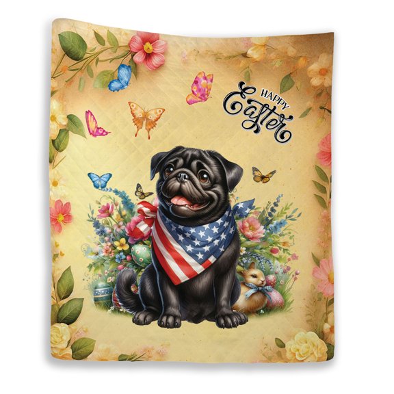 Pug Celebrates Spring and Enjoys a Happy Easter Quilt Blanket Dog Lover Gifts Cozy Comforter Throw Blanket - 02001