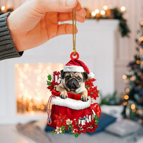 Pug Christmas Ornament – Holiday Dog Memorial Gift & Xmas Tree Hanging Mica Décor