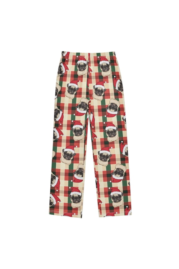 Pug Christmas Red Green Beige Plaid Christmas Pajama Pants Soft and Lightweight Elastic Waistband Christmas Pajama Pants