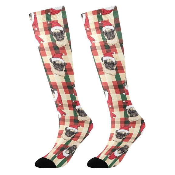 Pug Christmas Red Green Beige Plaid Pattern Novelty Patterned Knee High Socks Breathable Stretchy Soft Tall Boot Socks