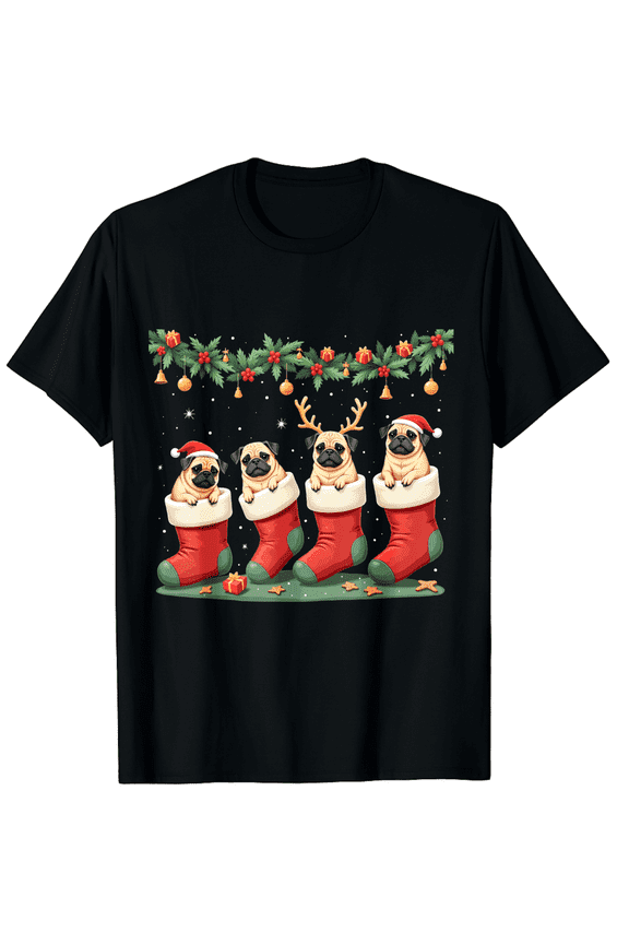 Pug Christmas Shirt Stocking Dog Xmas Short Sleeve T-Shirt for Men Women