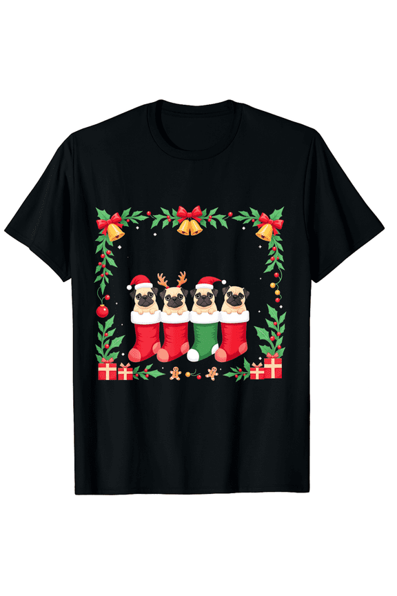 Pug Christmas Shirt Stocking Dog Xmas Short Sleeve T-Shirt for Men Women
