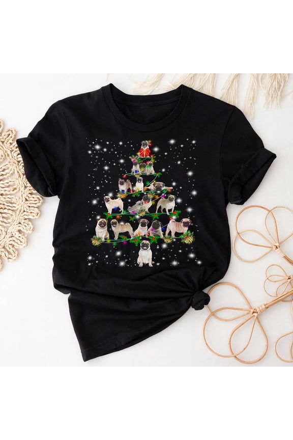 Pug Christmas Tree T-Shirt, Funny Dog Lover Gift, Pug Christmas Lights Shirts, Christmas Shirts for Women Men