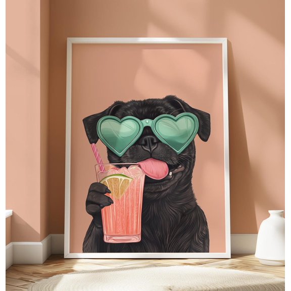 Pug Cocktail Wall Art Print, Unframed Paper Poster 8x10in