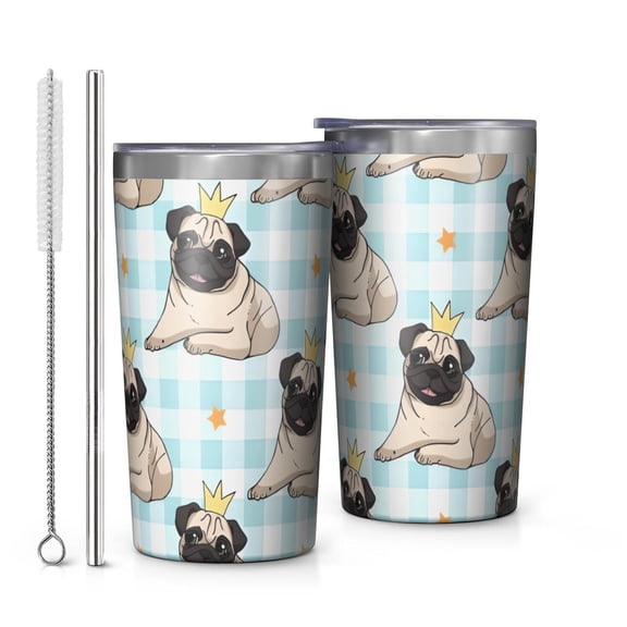 Pug with Crown 10oz Tumblers Stainless Steel Tumbler with Lid and Straw,Vacuum Insulated Double Wall Travel Tumbler Cups with Cleaning Brush for Coffee, Tea