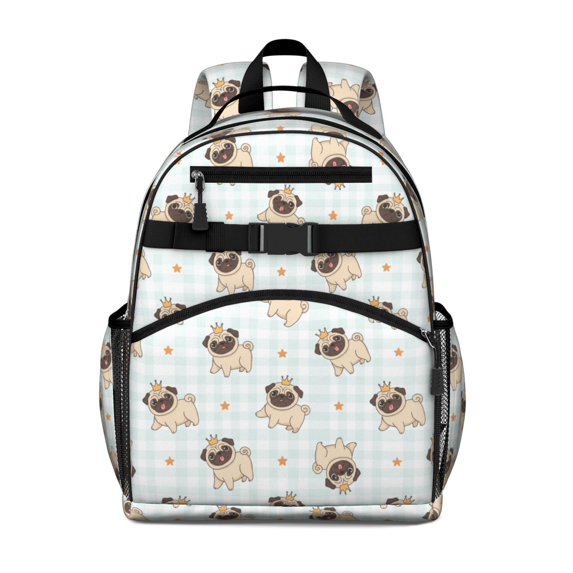 Pug Crown Gingham Blue Pattern Cute School Backpack Bag for School with Padded Back and Adjustable Shoulder Straps 15.25"x11.5"x5.25"