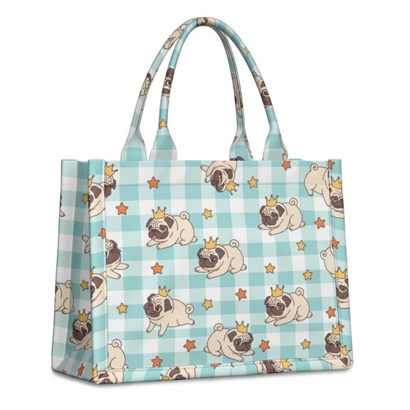 Pug Crown Gingham Blue Pattern Tote Bag, Shopping Handbag with Interior Pockets & Top Handle, Smooth Zipper Gifts for Work Shopping Travel,15.7 X 5.1 X 13 Inches