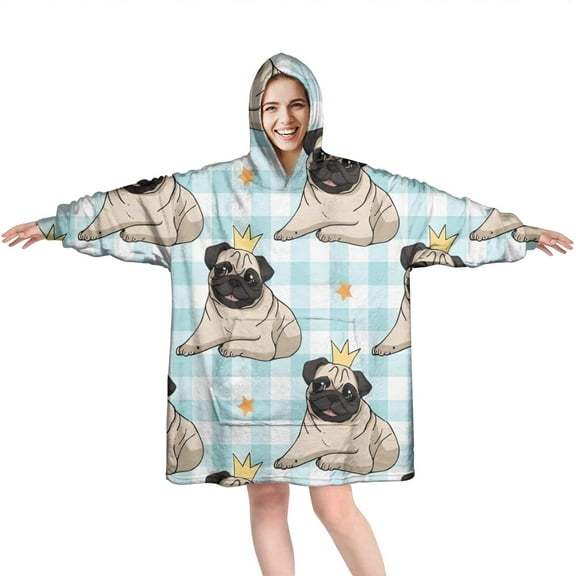 Pug with Crown Wearable Oversized Blanket,Wearable Blanket Hoodie for Adults,Cozy Hooded Blankets with Super Pockets,Super Warm Fuzzy Pullover for Women & Men