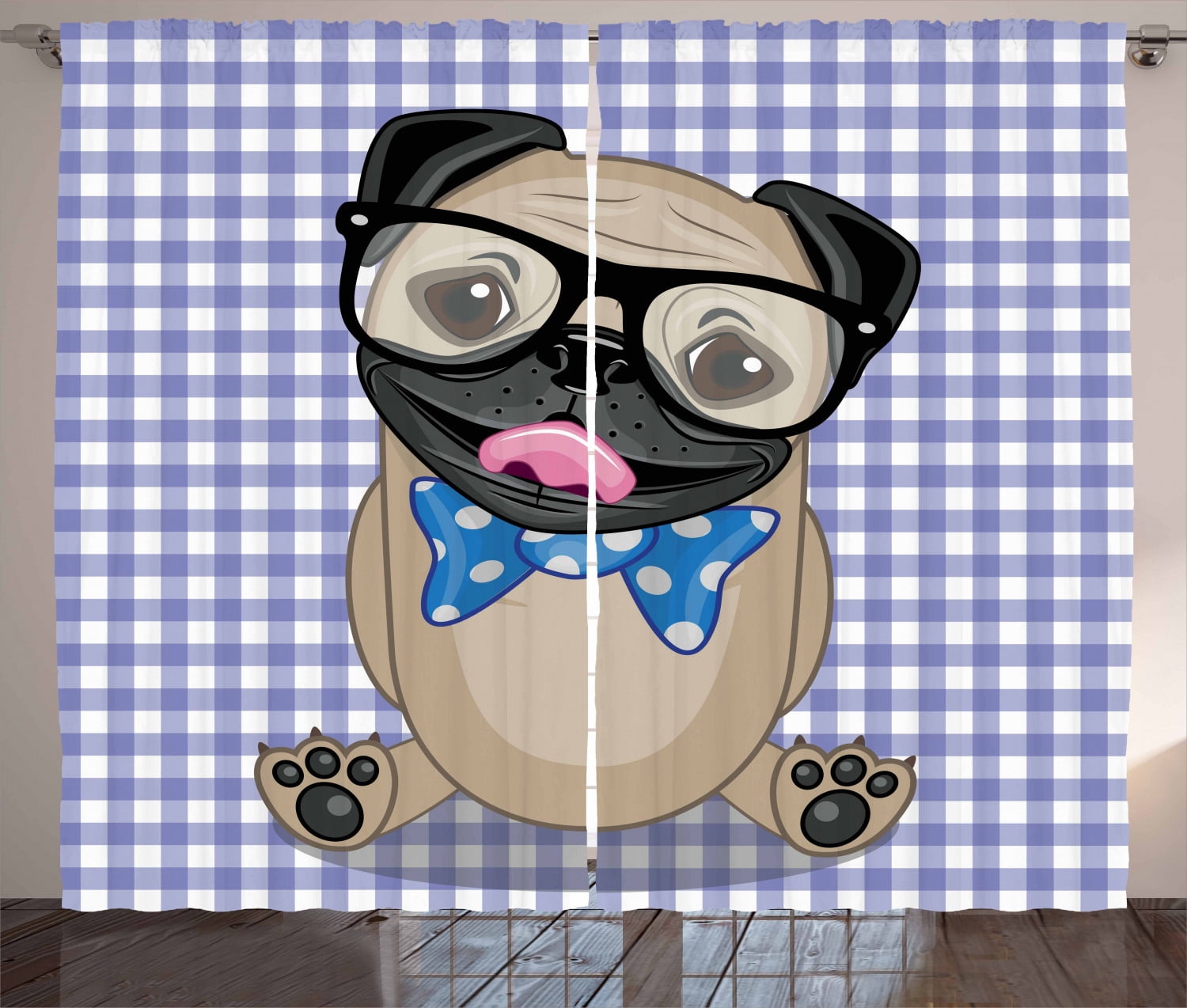 Pug Curtains 2 Panels Set, Nerdy Glasses and Dotted Bow Tie on a Puppy