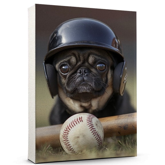 Pug Cute Dog Baseball Canvas Canvas  Retro Pug Dog Batter in Action With Baseball for Themed Living Room, Pet Shop Decor