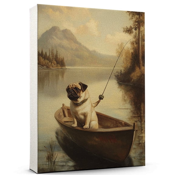 Pug Cute Dog Fishing Canvas Canvas  Retro Pug Dog Batter in Action With Fishing for Themed Living Room, Pet Shop Decor