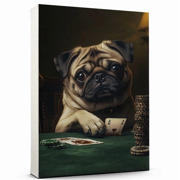 Pug Cute Dog Poker Stretched Canvas Size 8x12 – Retro Pug Dog Batter in Action With Poker for Themed Living Room
