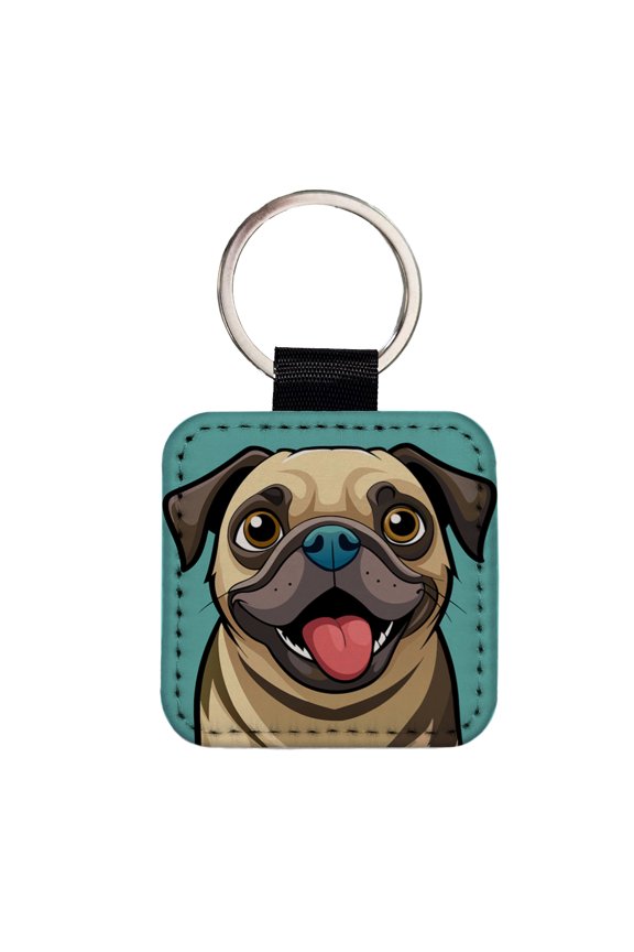 Pug Cute Sticking out Tongue Faux Leather Square Keychain