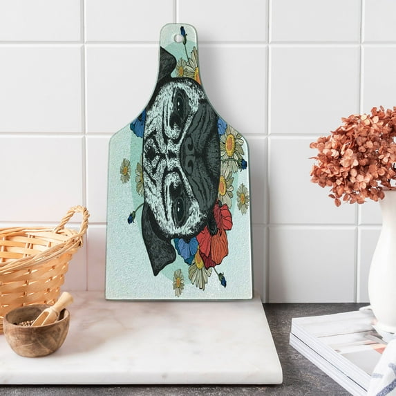 Pug Cutting Board, Black and White Head of a Pug on Floral Arrangement with Flowers Daisies, Decorative Tempered Glass Cutting and Serving Board, Wine Bottle Shape, Red Blue Black, by Ambesonne