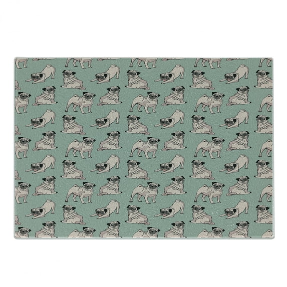 Pug Cutting Board, Dogs Various States Sitting Standing Stretching Cartoon Style Pet Drawing, Decorative Tempered Glass Cutting and Serving Board, Small Size, Turquoise, by Ambesonne