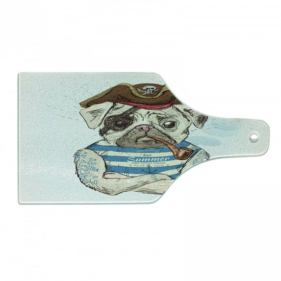Pug Cutting Board, Pirate Pug Conqueror of the Seas Skulls and Bones Hat Striped Design Marine Theme, Decorative Tempered Glass Cutting and Serving Board, Wine Bottle Shape, Brown Blue, by Ambesonne