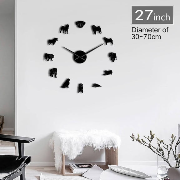 Pug Dog 3D Animals DIY Giant Wall Clock Dog Breeds Mirror Effect Puppy Wall Art Pet Shop Decor Personalized Silent Clock Watch(Black,27inch)