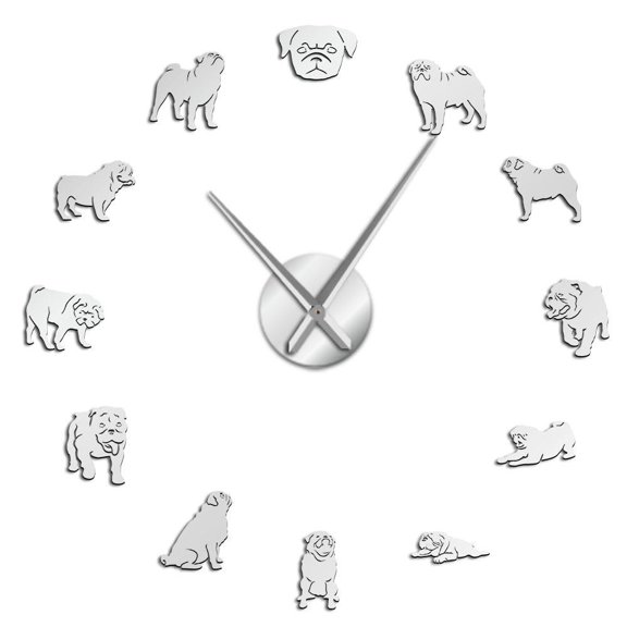 Pug Dog 3D Animals DIY Giant Wall Clock Dog Breeds Mirror Effect Puppy Wall Art Pet Shop Decor Personalized Silent Clock Watch(Silver,37inch)